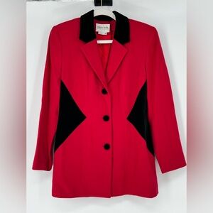 VINTAGE URBAN WOOL MERINO COLLECTION RED & BLK WOOL BLAZER W/BLACK VELVET COLLAR